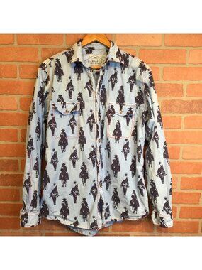 Barn Fly Trading AOP Cowboy Print Blue Button Up Shirt Size L Western Rodeo